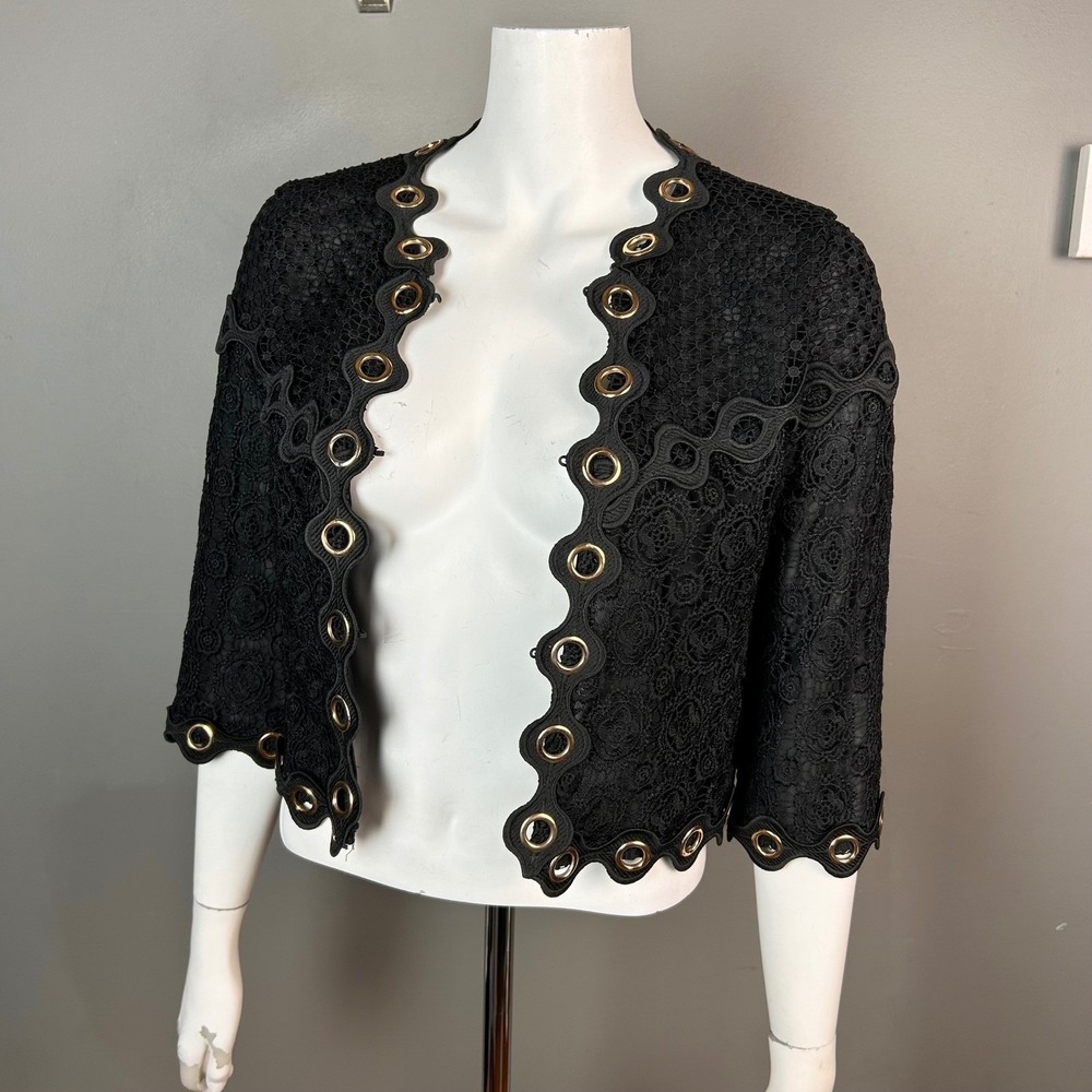 Maje Lace Mesh Feminine Jacket Medium 2 Mojia Cropped Black Eyelet Scalloped‎